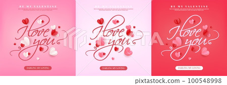Valentine day, love romantic lettering, heart cards. Cute romantic wedding elements, greeting templates with font. Social media post. Paper origami decorative objects, vector illustration exact set 100548998
