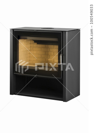 Modern fireplaces for heating from metal and heat-resistant glass. Boiler for solid fuel isolated on white background. 100549033