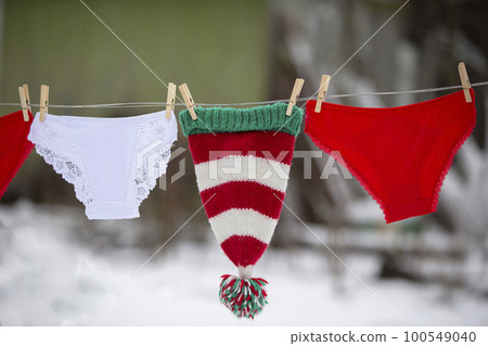 Women's panties and a Christmas hat are dried on a rope. 100549040