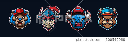 Cartoon animal head, red and blue sport logo collection with white outlined. Angry face of grizzly, horse, bison and beaver characters. Sport team mascot set. Vector illustration 100549068
