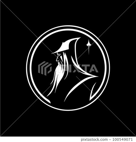 Sorcerer head silhouette tattoo, astronomer logo template. Fortune teller emblem on black background, magician elder line icon. Vector illustration Sorcerer head silhouette tattoo, astronomer logo template. Fortune teller emblem on black background, magician elder line icon. Vector illustration 100549071