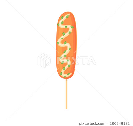 American Corn dog with mayonnaise sauce. Street food, fastfood concept. Illustration in cartoon style. Street food, fastfood concept. Illustration in cartoon style American Corn dog with mayonnaise sauce. Street food, fastfood concept. Illustration in cartoon style. Street food, fastfood concept. Illustration in cartoon style 100549181