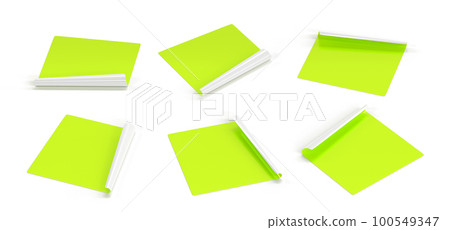 Green square stickers, glued paper patches or adhesive badges with peeling corners. Realistic mockup of blank sticky notes, tags or labels with curl edges isolated set 3d render icons. 3D illustration 100549347