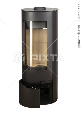Modern fireplaces for heating from metal and heat-resistant glass. Boiler for solid fuel isolated on white background. Modern fireplaces for heating from metal and heat-resistant glass. Boiler for solid fuel isolated on white background. 100549357
