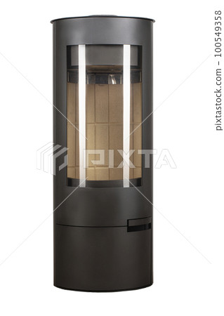 Modern fireplaces for heating from metal and heat-resistant glass. Boiler for solid fuel isolated on white background. 100549358