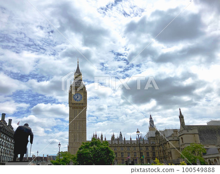 The exterior of Big Ben, the Houses of Parliament, in the city of London under a sunny blue sky The exterior of Big Ben, the Houses of Parliament, in the city of London under a sunny blue sky 100549888