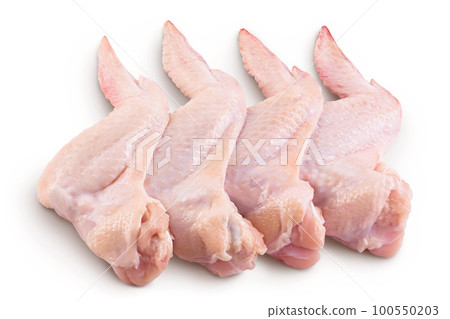 Raw chicken wings isolated on white background with full depth of field. Top view. Flat lay 100550203