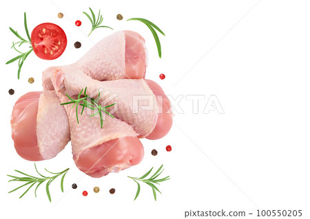 Raw chicken leg or drumstick isolated on white background with full depth of field. Top view. Flat lay 100550205