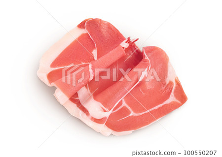 Italian prosciutto crudo or spanish jamon. Raw ham isolated on white background with full depth of field. Top view. Flat lay 100550207