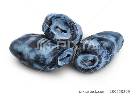 Fresh honeysuckle blue berry isolated on white background with full depth of field 100550209