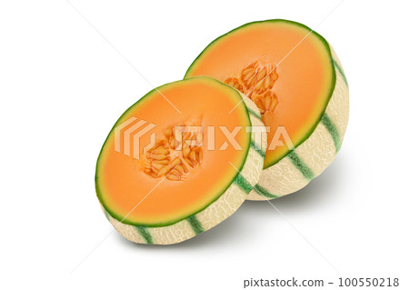 Cantaloupe melon isolated on white background with full depth of field, Cantaloupe melon isolated on white background with full depth of field, 100550218