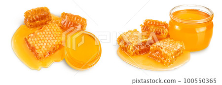 Honeycombs and honey puddle with spoon isolated on white background with full depth of field. Top view. Flat lay 100550365