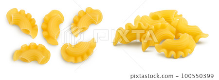 Pasta cornetti creste macaroni isolated on white background with full depth of field. Top view. Flat lay Pasta cornetti creste macaroni isolated on white background with full depth of field. Top view. Flat lay 100550399