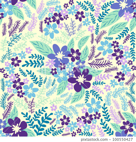 Fantasy seamless floral pattern with blue, azure, tsman, lavender flowers and leaves. Elegant template for fashion Fantasy seamless floral pattern with blue, azure, tsman, lavender flowers and leaves. Elegant template for fashion 100550427