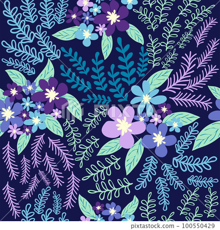 Fantasy seamless floral pattern with blue, azure, tsman, lavender flowers and leaves. Elegant template for fashion Fantasy seamless floral pattern with blue, azure, tsman, lavender flowers and leaves. Elegant template for fashion 100550429