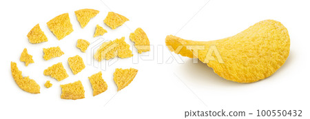 Potato chips isolated on white background with full depth of field. Top view. Flat lay. 100550432