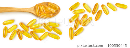 Fish oil capsules isolated on white background with full depth of field. Top view with copy space for your text. Flat lay Fish oil capsules isolated on white background with full depth of field. Top view with copy space for your text. Flat lay 100550445