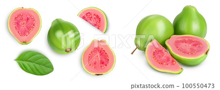 Guava fruit with slices isolated on white background with full depth of field. Top view. Flat lay 100550473