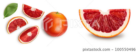 Blood red oranges with slices isolated on white background . Top view. Flat lay 100550496