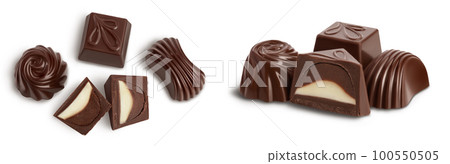 Chocolate candy isolated on white background with full depth of field. Top view. Flat lay. 100550505