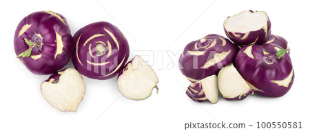 Cabbage kohlrabi isolated on white background closeup, Top view. Flat lay. Cabbage kohlrabi isolated on white background closeup, Top view. Flat lay. 100550581