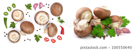 Fresh champignon mushrooms with parsley, peppercorns and red hot chili peppers isolated on white background. Top view 100550640
