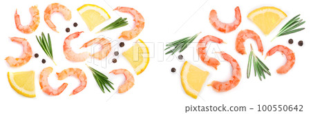 Red cooked prawn or shrimp with rosemary, lemon and peppercorn isolated on white background. Top view. Flat lay 100550642