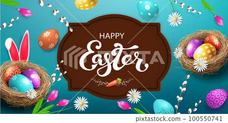 Turquoise Easter composition with brown frame, eggs and flowers 100550741