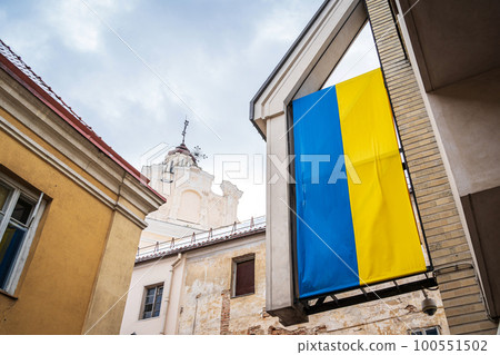 Huge Ukrainian Flag in Old Town of Vilnius. Lithuania supports Ukraine concept. 100551502