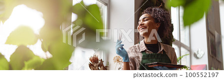 Woman florist takes care of seedlings in floral studio. Gardening concept. Blurred background Woman florist takes care of seedlings in floral studio. Gardening concept. Blurred background 100552197