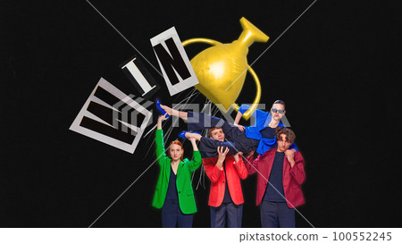 Contemporary art collage of team holding goblet overhead symbolizing successful cooperation and teamwork. Win, success, business awards 100552245
