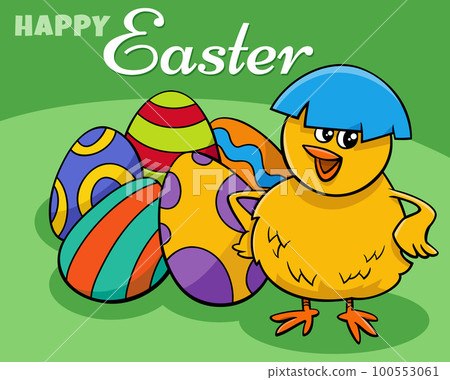 cartoon Easter Chick with coloered egg greeting card 100553061