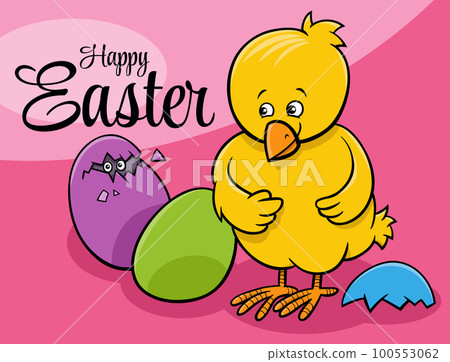 cartoon Easter Chick with Easter eggs greeting card cartoon Easter Chick with Easter eggs greeting card 100553062