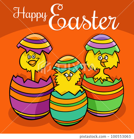 cartoon Easter chicks hatching from eggs greeting card cartoon Easter chicks hatching from eggs greeting card 100553063