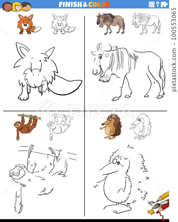 drawing and coloring worksheets set with animals 100553065