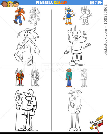 drawing and coloring worksheets set with fantasy characters 100553068