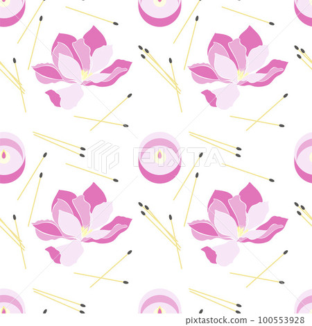 Pattern with Magnolia and Candles, fire and matches, pink color, spa treatments, aromatherapy. Pattern with Magnolia and Candles, fire and matches, pink color, spa treatments, aromatherapy. 100553928