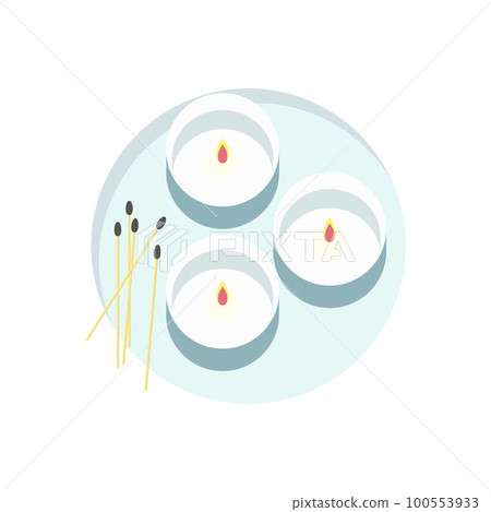 Candles round with fire and set of matches, on stand, spa treatments, aromatherapy. 100553933