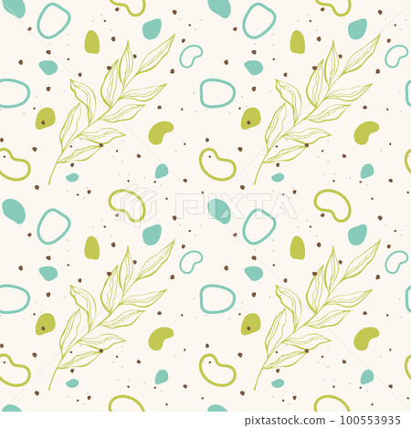 Botanical pattern with hand-drawn shapes and doodle twig, leaves. 100553935