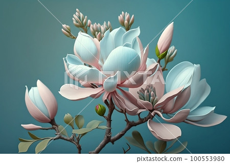 Realistic delicate pink blue magnolia. Beautiful spring flower. Generative AI 100553980