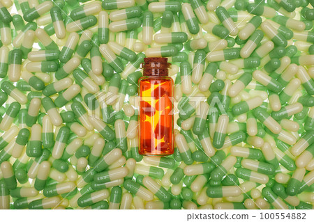 One color semi-transparent bottle with filling and with capsule around it One color semi-transparent bottle with filling and with capsule around it 100554882