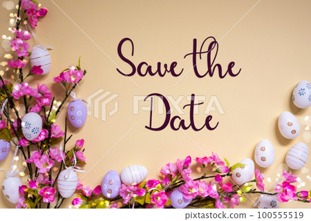 Pink Spring Flower Arrangement, Easter Decoration, English Text Save The Date Pink Spring Flower Arrangement, Easter Decoration, English Text Save The Date 100555519