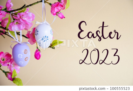 Easter Egg Decoration With Flower Bouquet, English Text Easter 2023 Easter Egg Decoration With Flower Bouquet, English Text Easter 2023 100555523