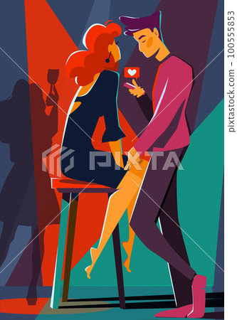 Phone addiction. A guy in the midst of a party next to a beautiful girl looks at the phone Phone addiction. A guy in the midst of a party next to a beautiful girl looks at the phone 100555853