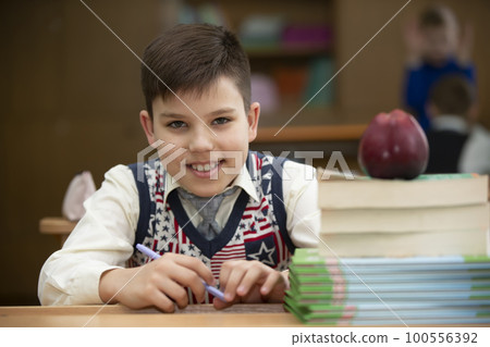 Schoolboy at the desk. Boy in the classroom with books and an apple. Secondary school. Back to school. Schoolboy at the desk. Boy in the classroom with books and an apple. Secondary school. Back to school. 100556392