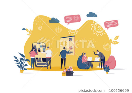 Coworking concept in flat style. Team members together work in coworking space scene. Workspace for teamwork and communication web banner. 100556699