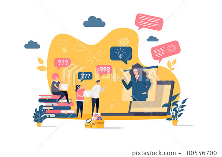 Consulting concept in flat style. Consultant answers questions scene. Online business assistance, consultation and mentoring web banner. 100556700