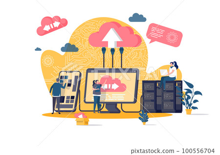 Cloud computing concept in flat style. IT specialists administrate cloud storage scene. Hosting platform, big data processing web banner. 100556704