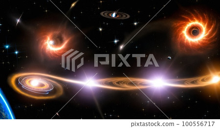 Black holes on collision course creating gravitational waves in the space around them. Massive space bodies moving in the center of a galaxy. Concept wallpaper art Black holes on collision course creating gravitational waves in the space around them. Massive space bodies moving in the center of a galaxy. Concept wallpaper art 100556717