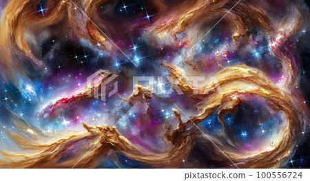 Ultrawide Illustration of a space cosmic background of supernova nebula and stars, glowing mysterious universe. Concept wallpaper art 100556724